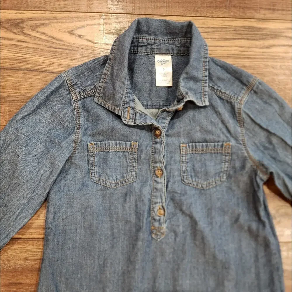 OshKosh B'gosh Girl's Denim Long Sleeve Quarter Button Down Pullover Top Size 6